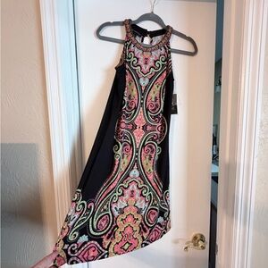 INC International Concepts Black Dress with Pink and Green Patterns